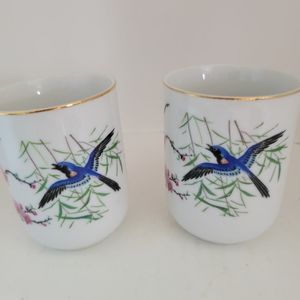 Vintage Asian Inspired Bird and Pink Floral tree Made in Japan Set of 2 Teacups